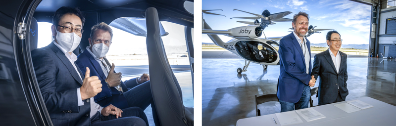 지난 1월 유영상 SKT CEO(왼쪽)과 조벤 비버트 조비에비에이션 CEO가 미국 캘리포니아주 마리나에 위치한 조비에비에이션 생산시설에서 UAM 기체에 탑승한 모습
