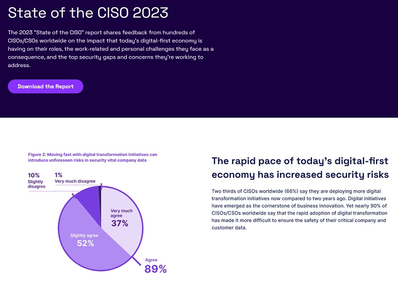 CISO/CSO 대상 디지털 전환과 기업 디지털화로 인한 문제에 대한 설문조사를 기반한 "CISO의 상황 2023" 보고서(자료제공=솔트 시큐리티)