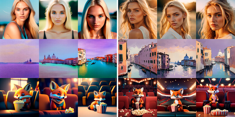 AI ARTA 앱을 통해 동일한 텍스트 프롬프트에서 생성된 이미지.왼쪽은 스태이블 디퓨전 1.5 / 오른쪽은 스태이블 디퓨전 XL 1.0