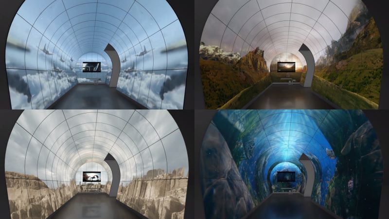 미디어터널에서 구현된 글로벌 파트너사 콘텐츠. 왼쪽 상단부터 시계방향으로 애플TV+ ‘마스터즈 오브 디에어’, 파라마운트 ‘디스커버리’, 디즈니+ ‘인어공주’, 넷플릭스 ‘레벨문’