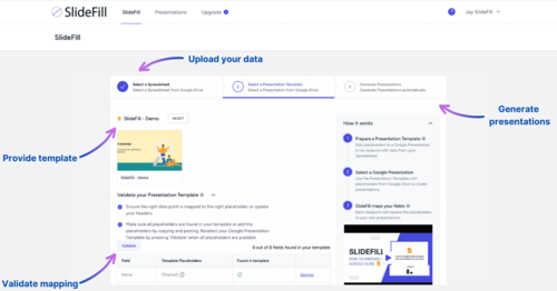 슬라이드필로 코딩할 필요 없이 구글 시트 또는 CRM 데이터에서 구글 슬라이드를 생성할 수 있다.