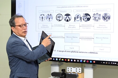 ETRI가 개발한 메타버스 핵심 표준문서에 관하여 설명하는 모습