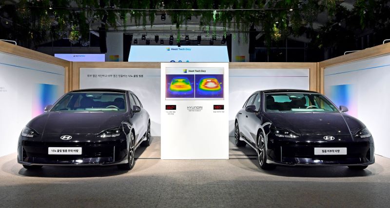 나노 쿨링 필름을 부착한 차량과 부착하지 않은 차량의 실내 온도 비교(자료제공=현대자동차·기아)