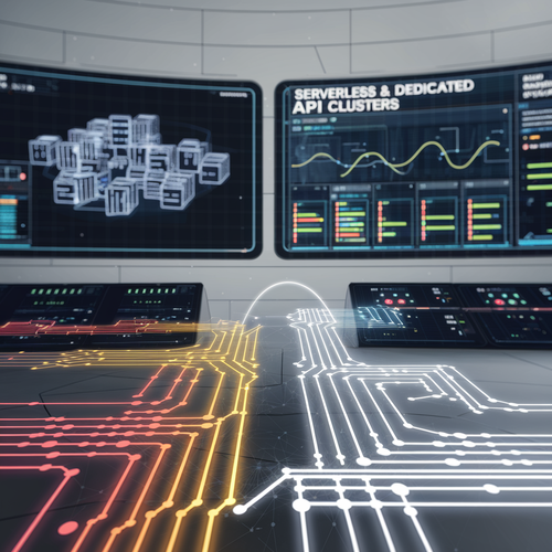 서버리스 및 전용 API 클러스터를 표시하는 홀로그램 화면이 있는 미래형 기술 제어실