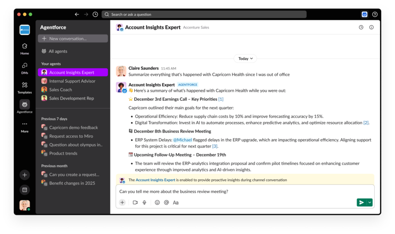 ‘에이전트포스 2.0’은 AI 기반 지능형 생산성 플랫폼 슬랙과 통합을 강화했다.