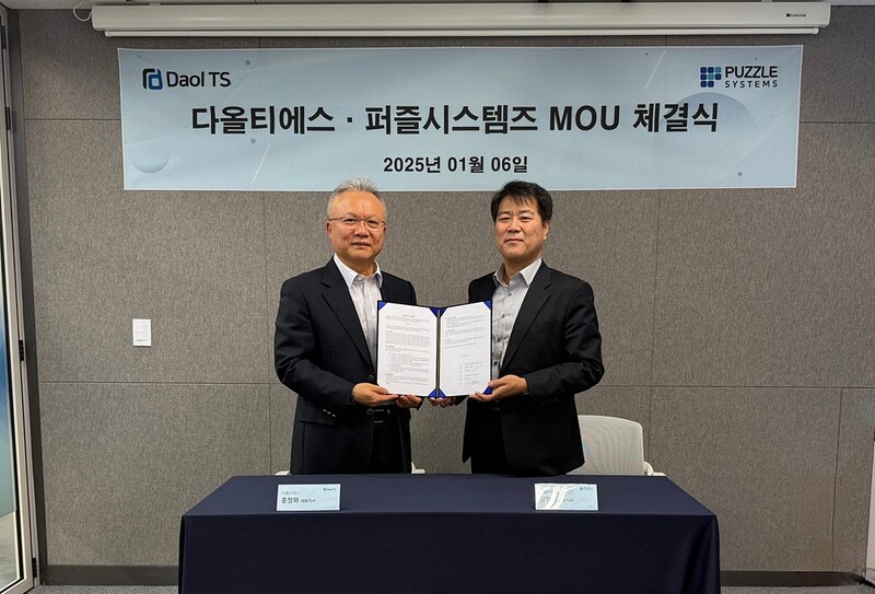 협약 기념 사진. (왼쪽부터)다올TS 홍정화 대표, 퍼즐시스템즈 김영일 대표