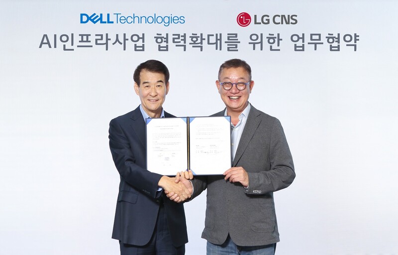 델 테크놀로지스 김경진 총괄 사장과 LG CNS 현신균 사장 협약식 사진.