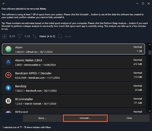 언인스탈 2.6 화면 예시