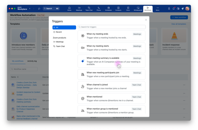 줌 워크플로 자동화는 사용자가 워크플로우를 시작할 수 있도록 다양한 트리거를 제공한다.
