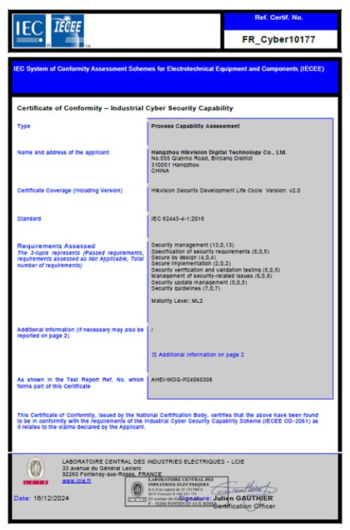 하이크비전 IEC 62443-4-1 인증서