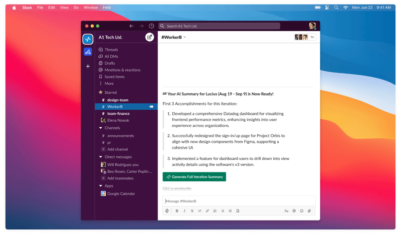 리니어B의 AI 플랫폼 자동 반복 요약 기능을 이용하면 스프린트 회고 전 수동 준비가 필요 없으며 슬랙이나 마이크로소프 팀지를 통해 직접 전달된다.(자료제공=리니어B)