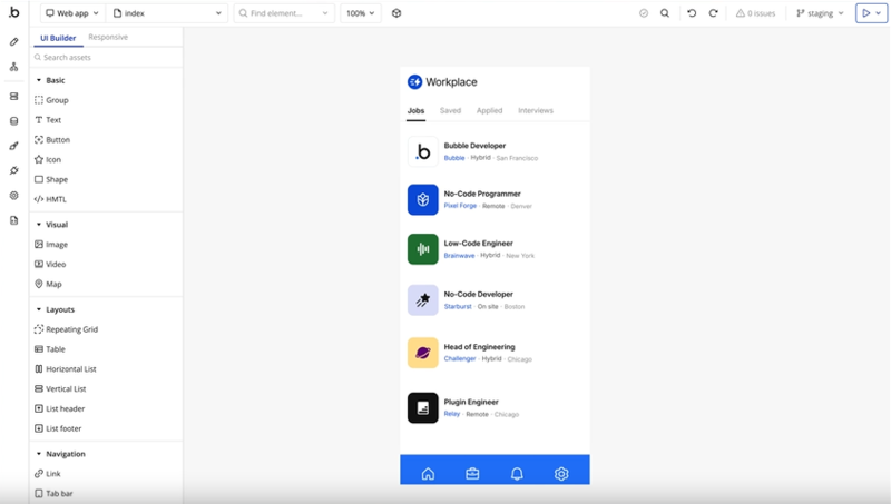 버블 포 네이티브 모바일 앱 대시보드 화면