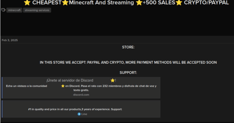 마인크래프트 계정 및 스트리밍 서비스 계정을 판매 중인 디지털 상점을 광고하는 비공개 포럼 게시 글(자료제공=카스퍼스키)
