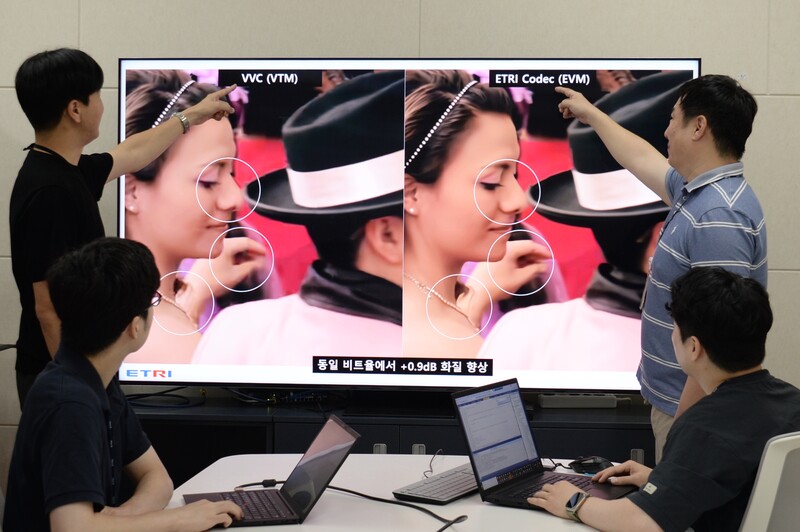 ETRI 연구진이 VVC 대비 압축률이 향상된 비욘드 VVC 후보 기술의 표준 채택 가능성을 논의하는 모습