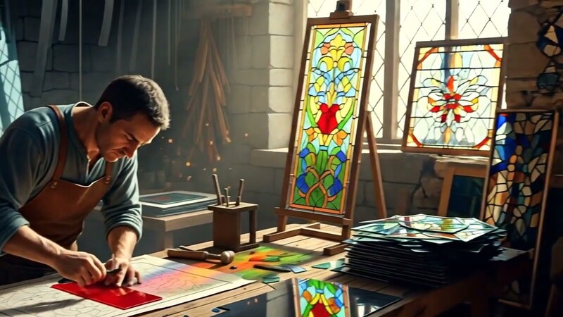 '아티스트가 작업에 집중하는 사이 카메라는 스테인드글라스 작품으로 가득 찬 가게를 비춘다.'의 프롬프트로 제작한 영상