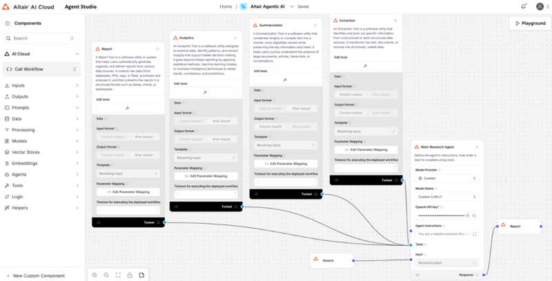 알테어 AI 클라우드에서 맞춤형 AI 에이전트를 시각적으로 설계·구축하는 모습