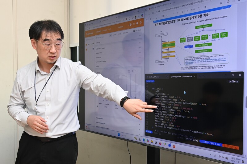 ETRI 연구진이 산업 AI 전환을 위한 확장 가능한 멀티모달 생성형 파운데이션 모델 개발에 관해 설명하는 모습(자료제공=ETRI)