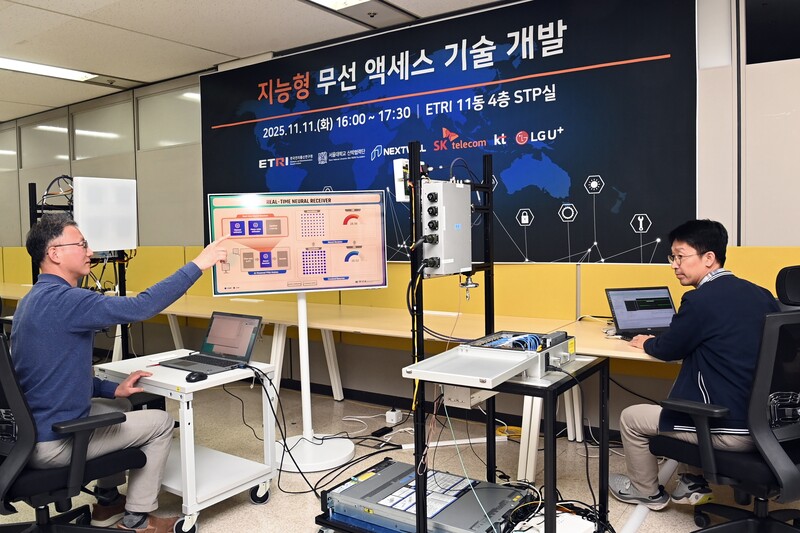 ETRI 연구진이 지능형 무선 액세스 기술을 시연하는 모습(자료제공=ETRI)